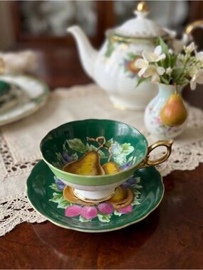 Royal Sealy Japan Green Footed Cup & Saucer Fruit Grapes Berries